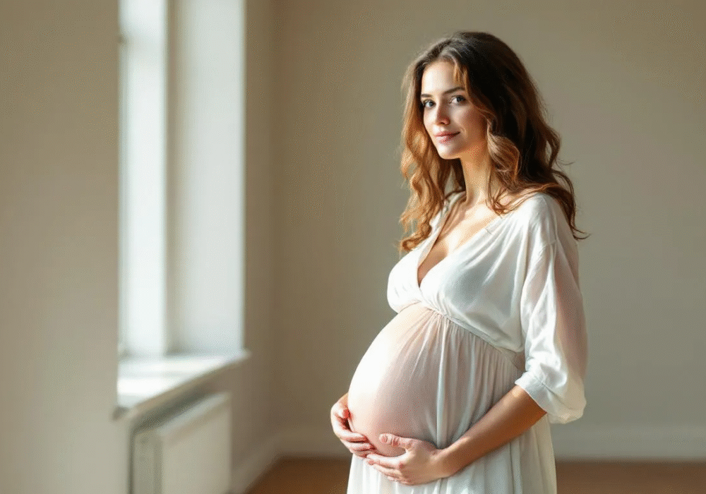 Eine schwangere Frau steht lächelnd mit einer Hand auf ihrem Bauch, was ihre Vorfreude auf das kommende Kind zeigt. Sie ist Teil eines wichtigen Lebensabschnitts, in dem Faktoren wie Ernährung und Lebensstil eine Rolle für die Fruchtbarkeit und die Chancen auf eine Schwangerschaft spielen.