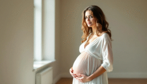 Eine schwangere Frau steht lächelnd mit einer Hand auf ihrem Bauch, was ihre Vorfreude auf das kommende Kind zeigt. Sie ist Teil eines wichtigen Lebensabschnitts, in dem Faktoren wie Ernährung und Lebensstil eine Rolle für die Fruchtbarkeit und die Chancen auf eine Schwangerschaft spielen.