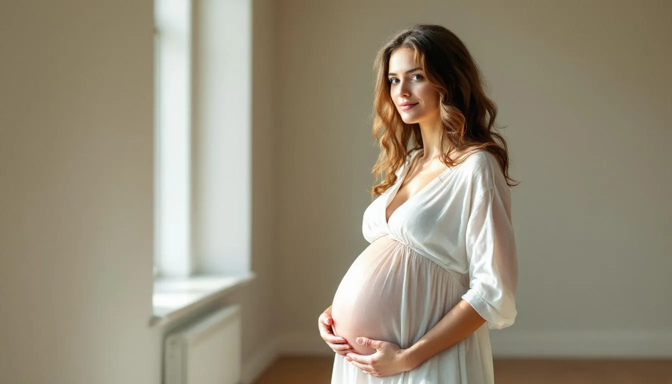 Eine schwangere Frau steht lächelnd mit einer Hand auf ihrem Bauch, was ihre Vorfreude auf das kommende Kind zeigt. Sie ist Teil eines wichtigen Lebensabschnitts, in dem Faktoren wie Ernährung und Lebensstil eine Rolle für die Fruchtbarkeit und die Chancen auf eine Schwangerschaft spielen.